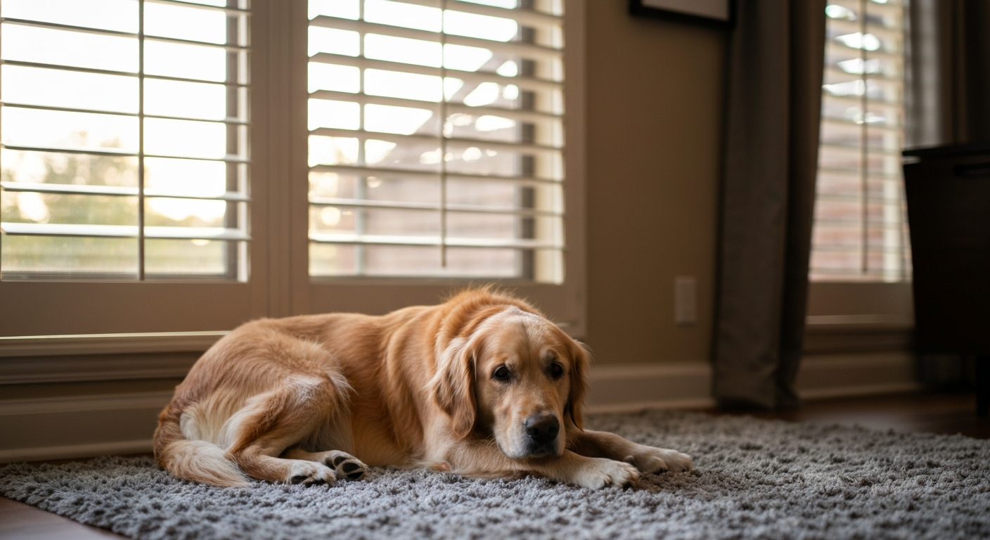 A dog resting indoors near a sunny window in an OC home during summer evening, calm and safe atmosphere, photorealistic