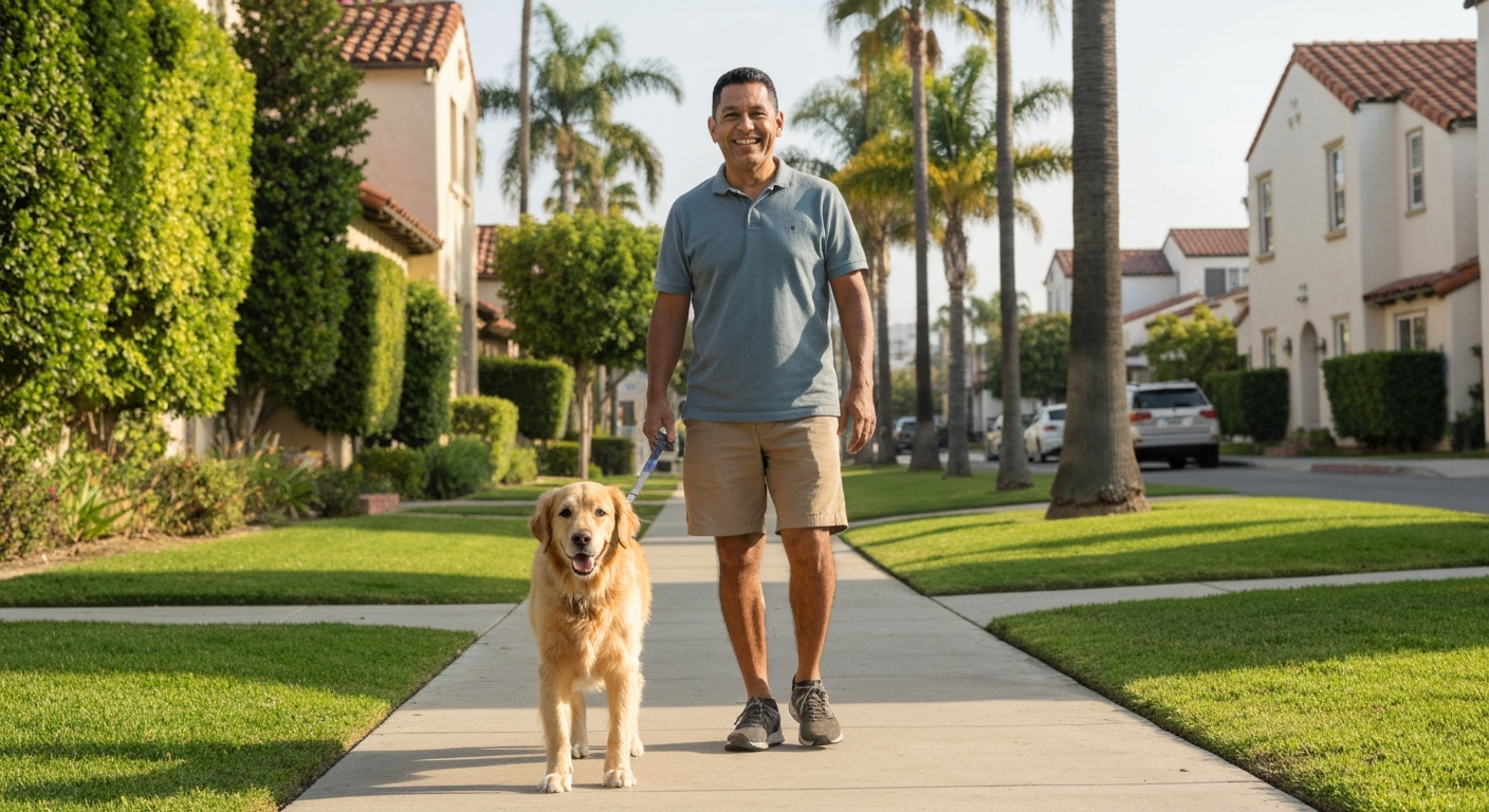 A pet parent walking a leashed dog on a clearly visible Orange County neighborhood path during daylight, photorealistic, alert and relaxed atmosphere