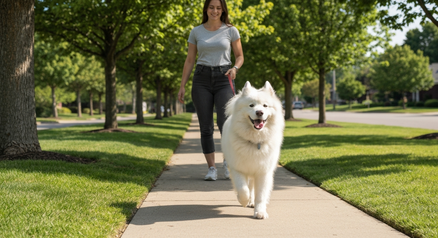 A happy dog on a neighborhood walk with an independent sitter on a sunny Orange County morning, photorealistic, warm lighting, professional pet photography, no text