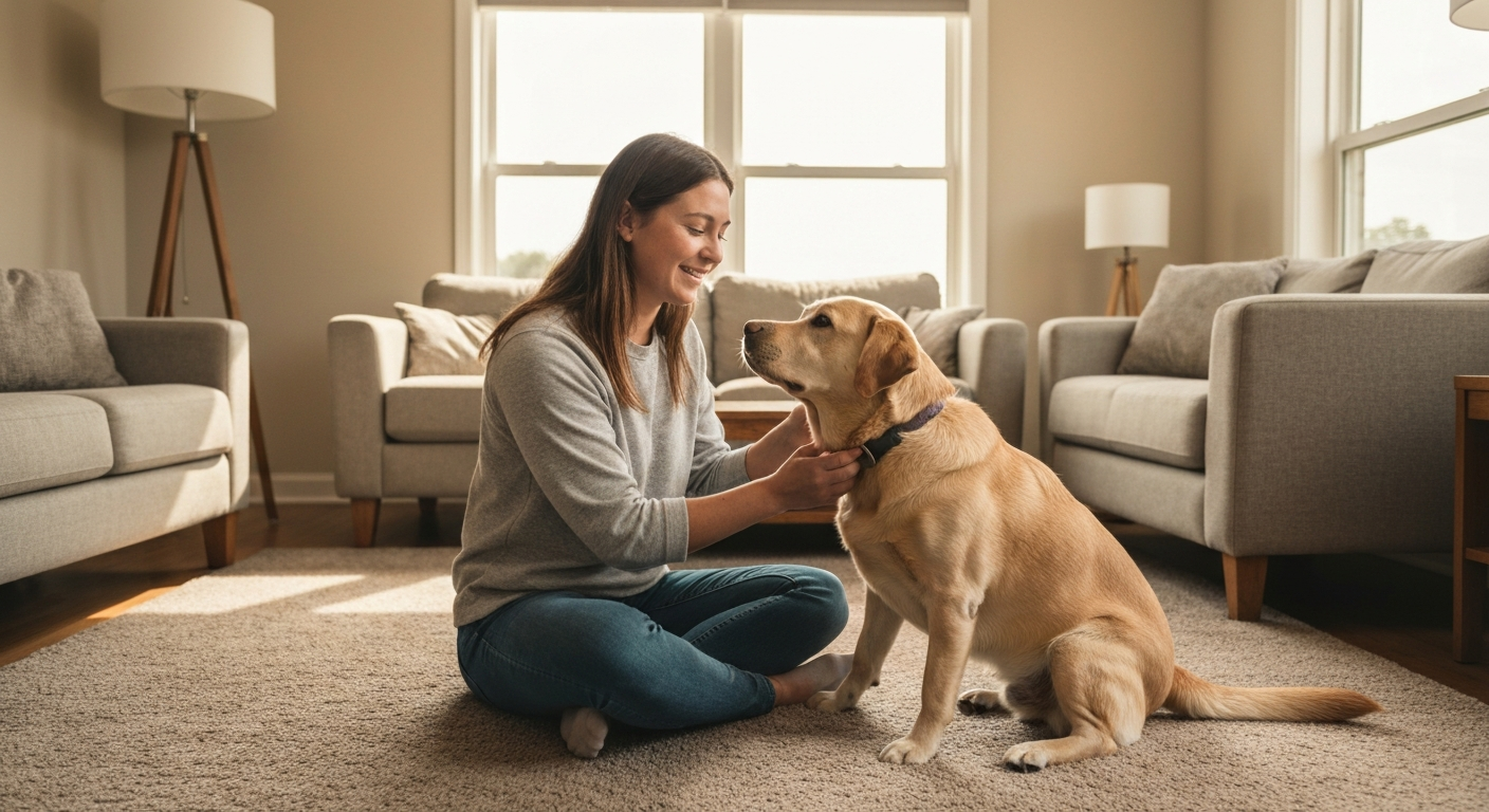 A sitter giving one-on-one attention to a calm dog in a sunlit living room, photorealistic, warm lighting, professional pet photography, no text