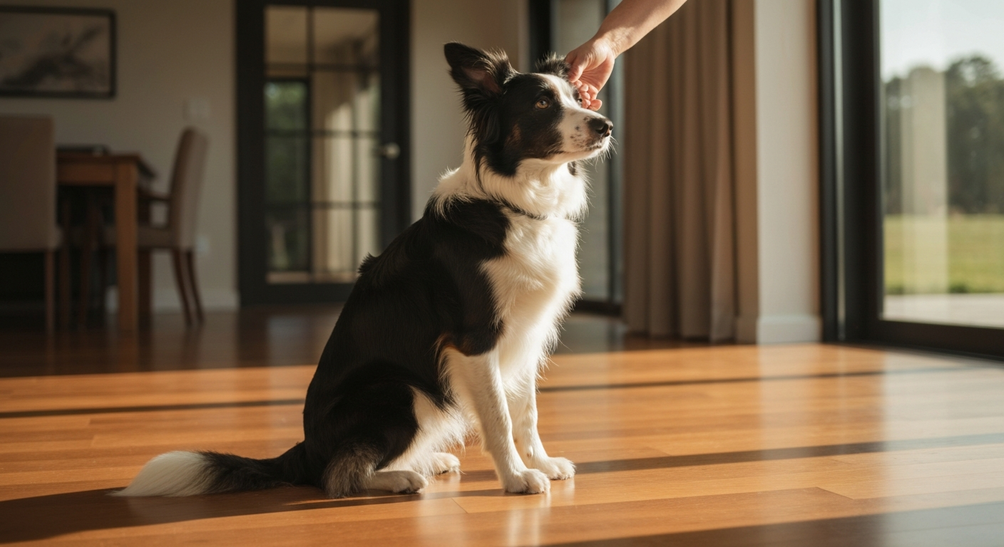 A calm dog in a sit-stay position on a wooden floor in a bright sunlit home, attentive and relaxed